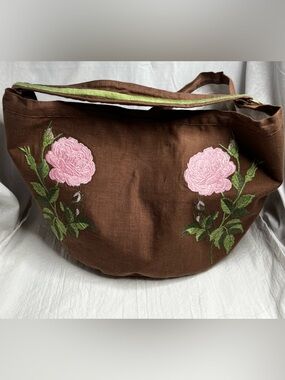 NWT Fanm Mon Linen Embroidered Rose Shoulder Bag brown Floral Boho Cottagecore